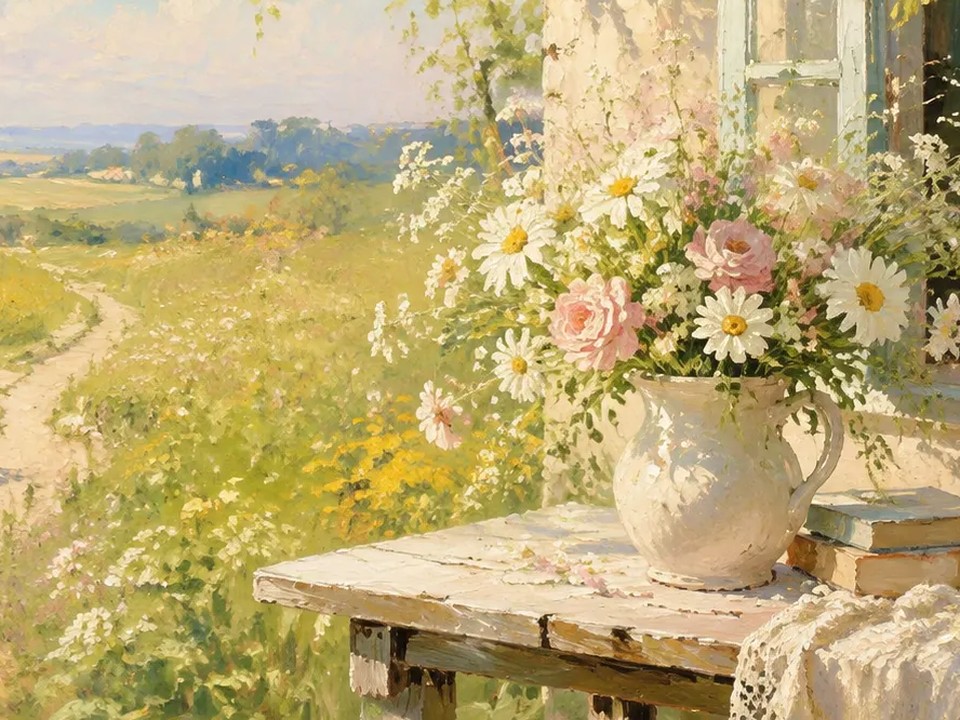 花瓶与书本静物油画