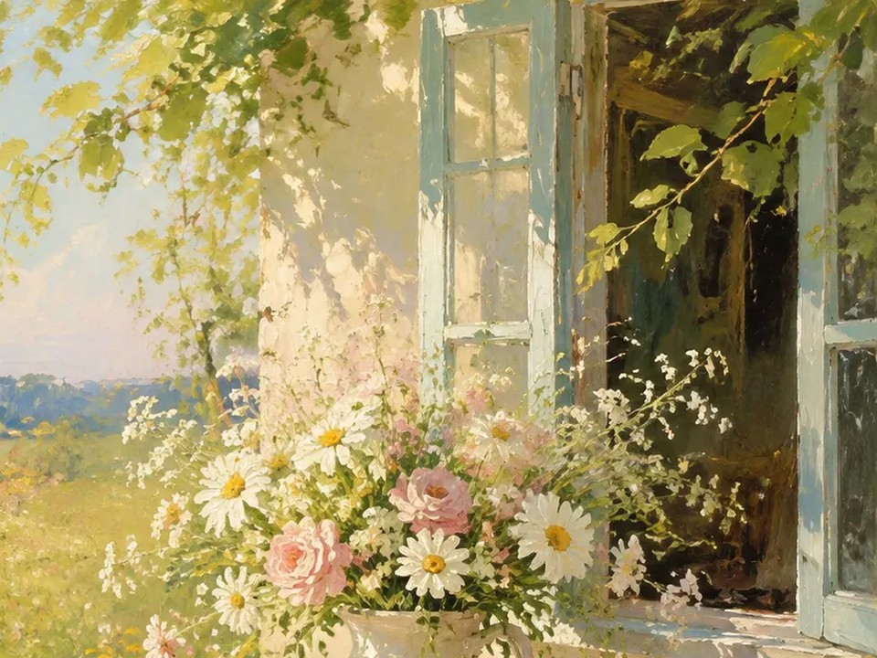 窗边鲜花与绿叶油画