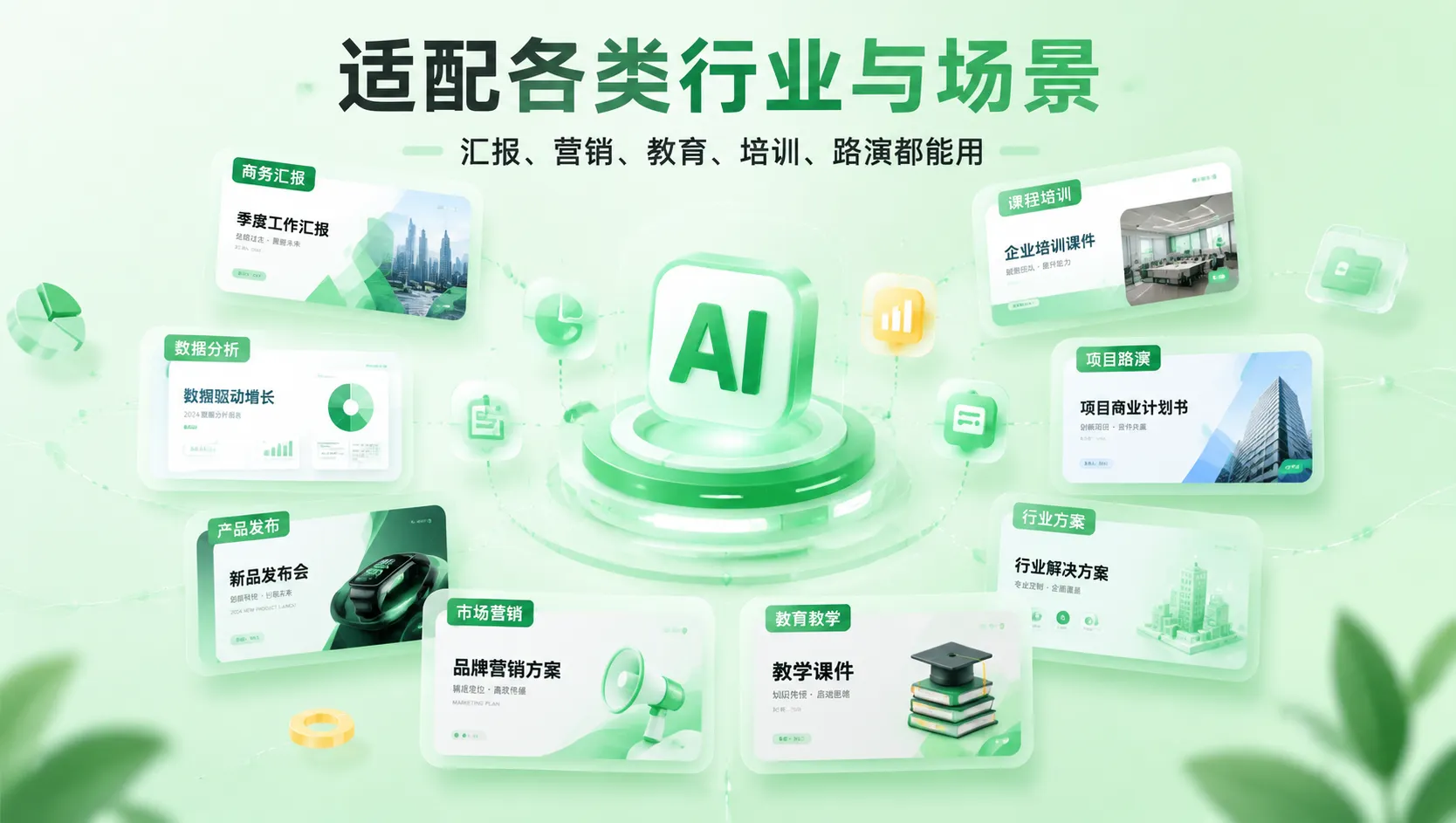 AI PPT 适用于商务汇报、数据分析、课程培训和项目路演